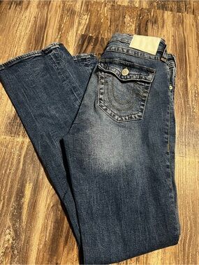 Women’s True Religion BECCA Mid Rise Bootcut Jeans in Blue with Gold Stitching